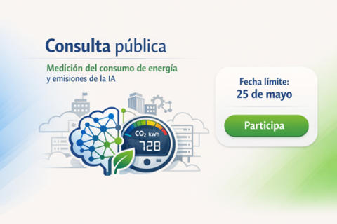 Imagen invitación a participar en la consulta pública de medición del consumo de energía y emisisones de la IA (fecha límite: 25 de mayo), con tonos azules y verdes destacando un cerebro estilizado con un contador y una hoja de árbol, con el fondo consistente en imágenes de una ciudad, nubes, servidores y un engranaje.